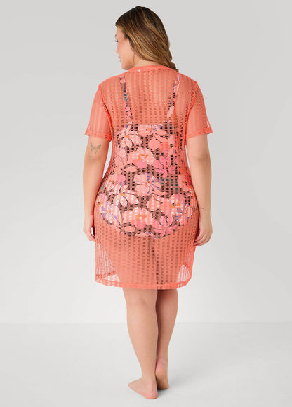 Ashley Stewart Given Kale Mesh V Neck Cover Up Coral