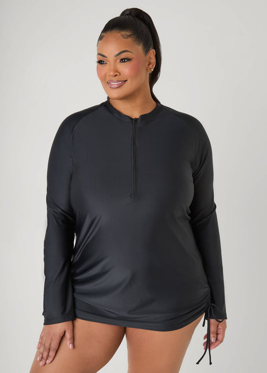 Ashley Stewart Drawstring Zip Front Cover Up Black