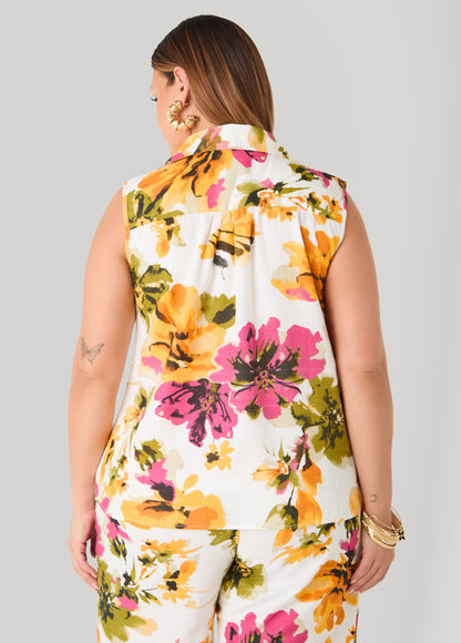 Ashley Stewart Watercolor Floral Print Shirt Multi