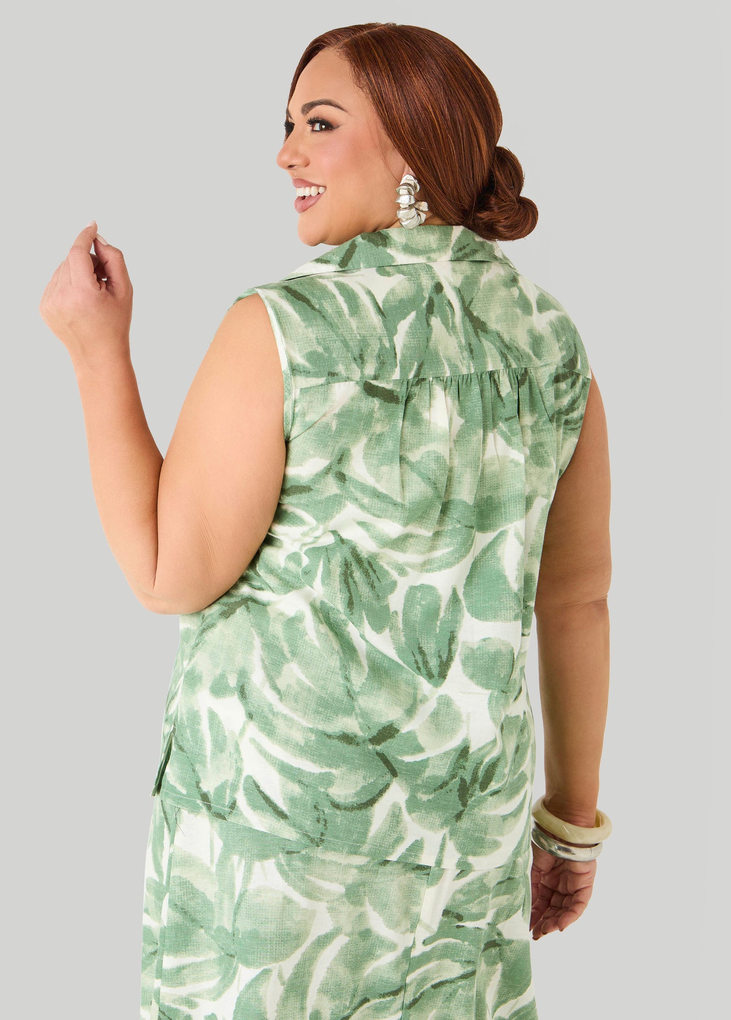 Ashley Stewart Palm Print Linen Blend Shirt Teal