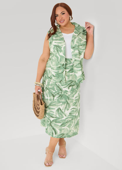 Ashley Stewart Palm Print Linen Blend Shirt Teal