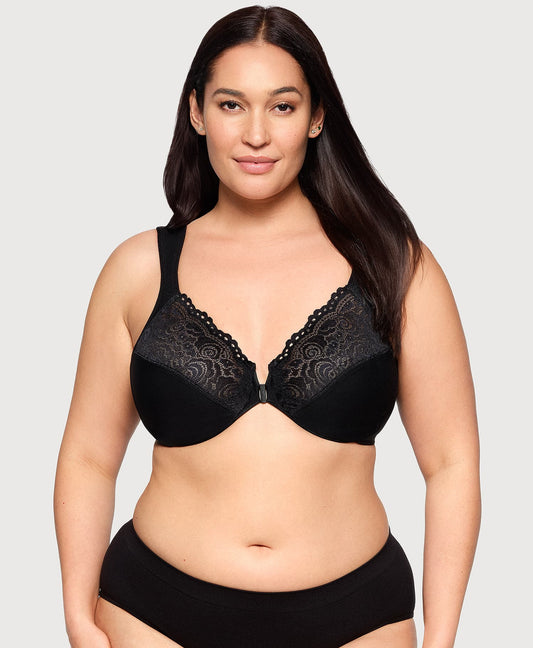 Ashley Stewart Front-Closure Posture Back WonderWire Lace Bra Black