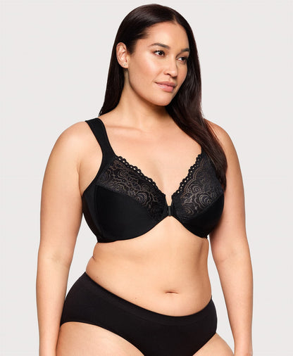 Ashley Stewart Front-Closure Posture Back WonderWire Lace Bra Black