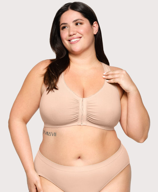 Ashley Stewart Lace Panel T Back Comfort Bra Cafe