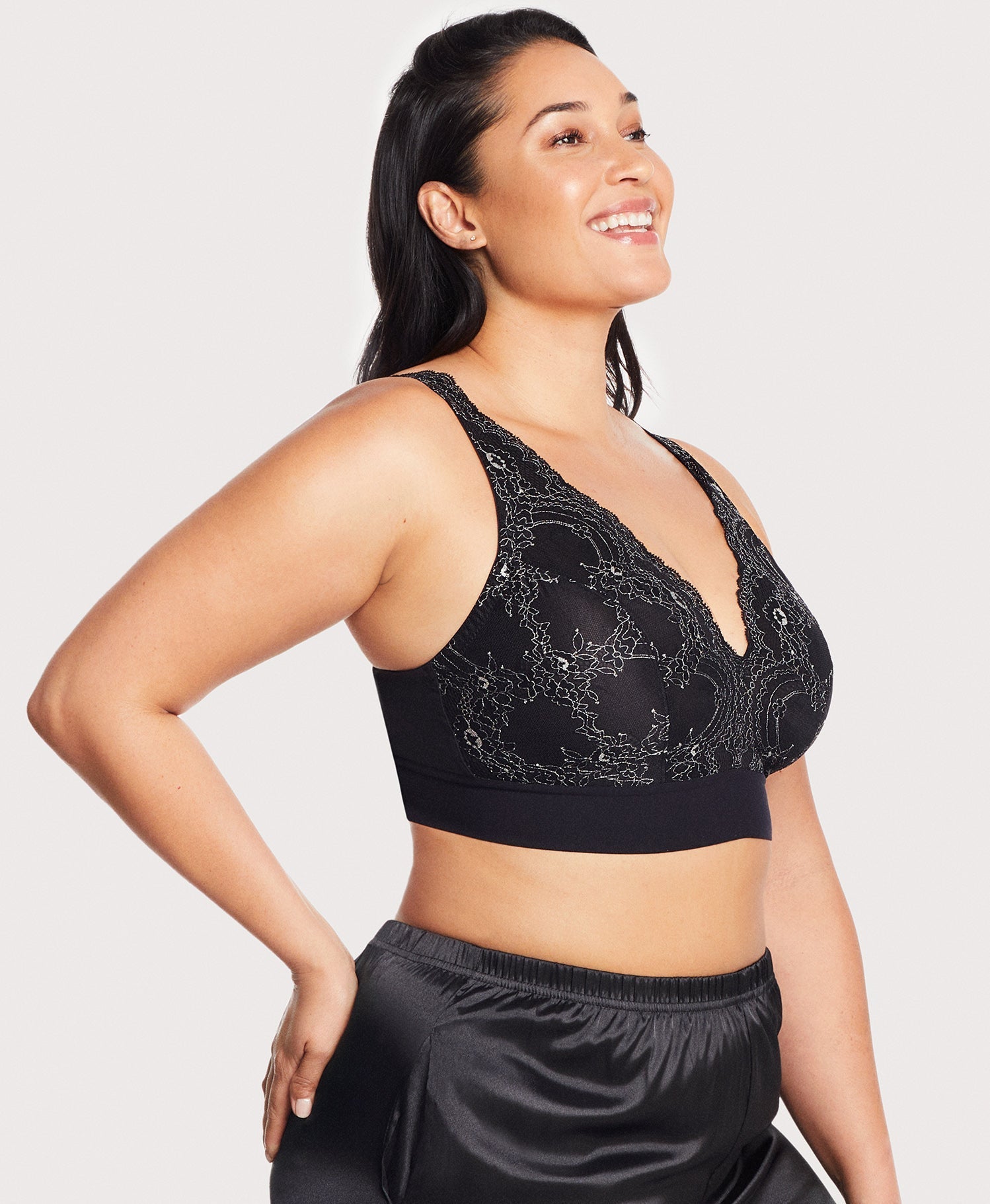 Ashley Stewart Bramour Lexington Plunge Lace Bralette Black