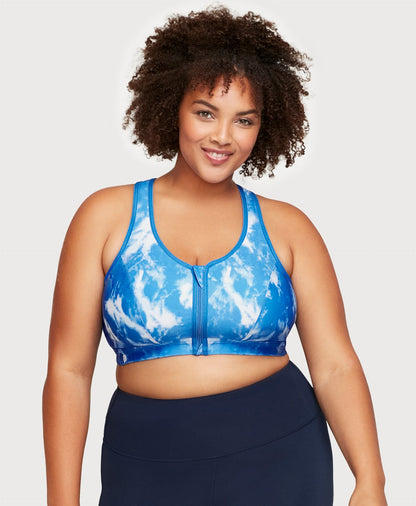 Ashley Stewart Front-Closure Zip Up Sports Bra Blue Blue Tie-Dye
