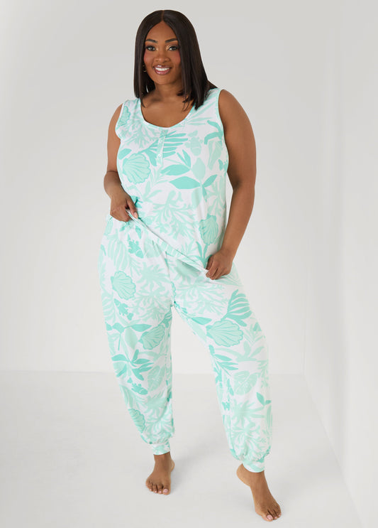 Ashley Stewart Moon To Noon Leaf Print PJs Set Multi