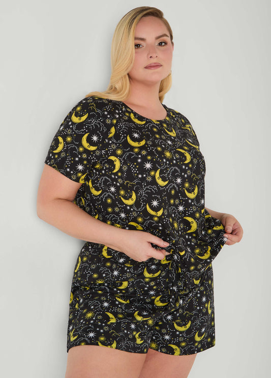 Ashley Stewart Moon To Noon Moon Print Short Set Black