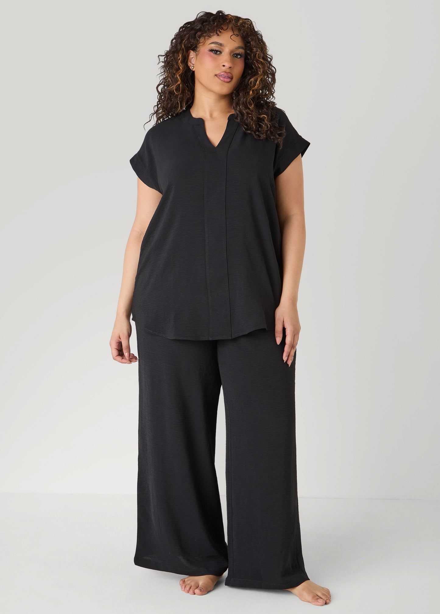 Ashley Stewart Textured V Neck Pajama Set Black