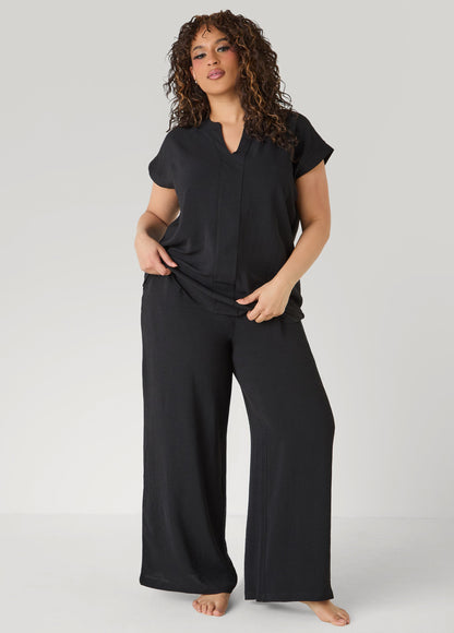 Ashley Stewart Textured V Neck Pajama Set Black