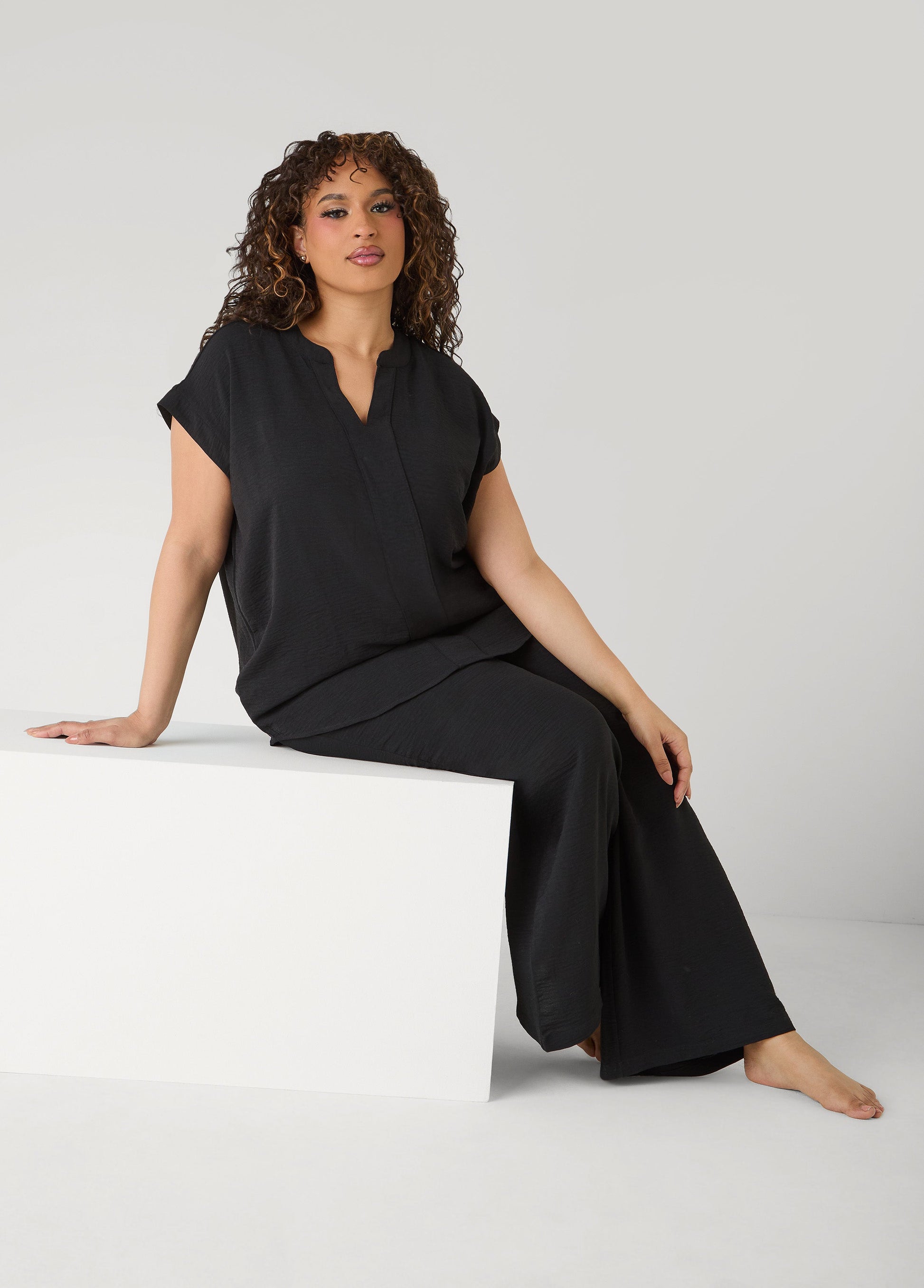 Ashley Stewart Textured V Neck Pajama Set Black