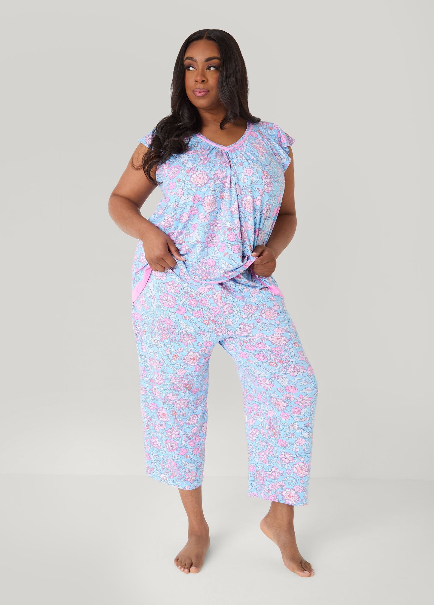 Ashley Stewart Ellen Tracy Floral PJ Capris Set Purple