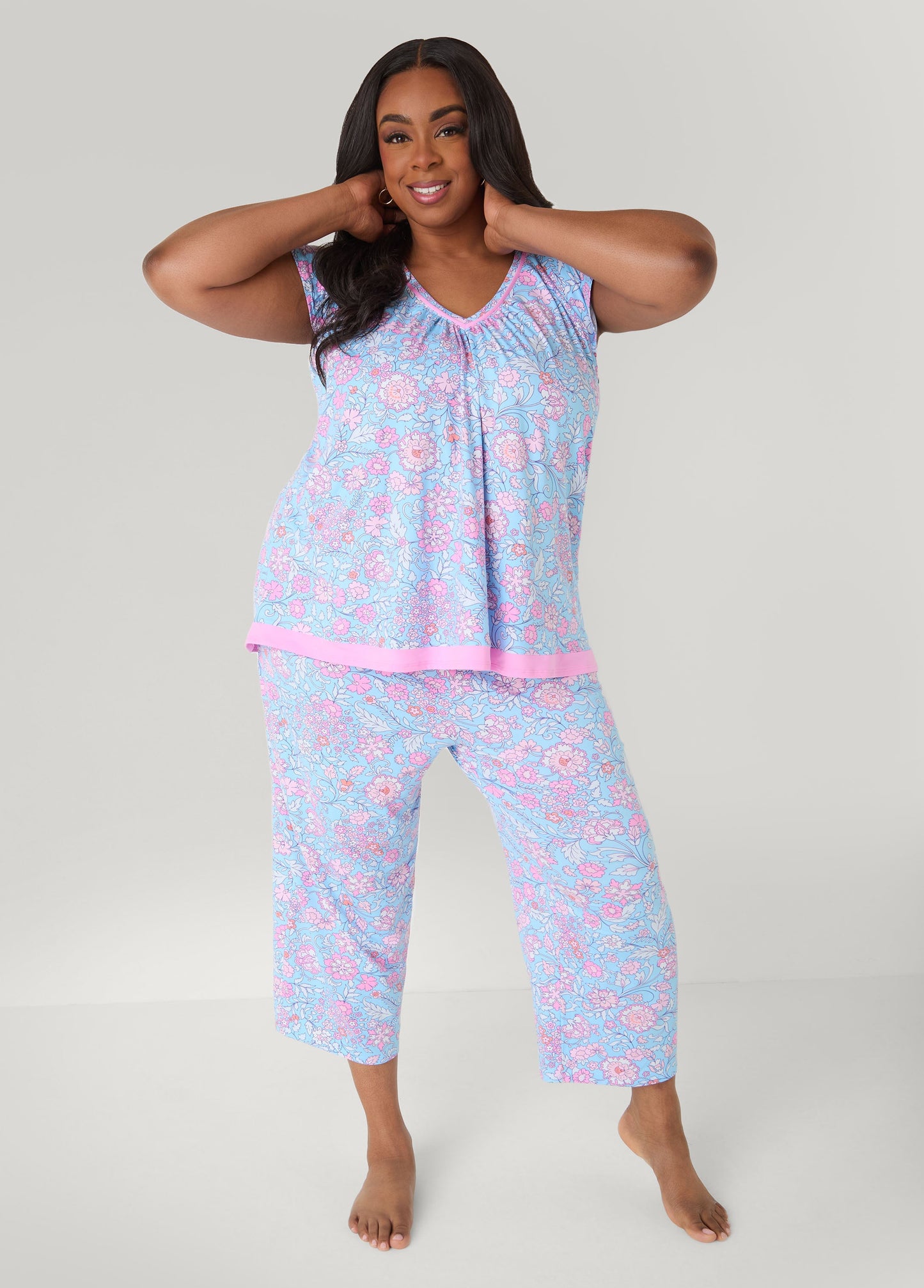 Ashley Stewart Ellen Tracy Floral PJ Capris Set Purple