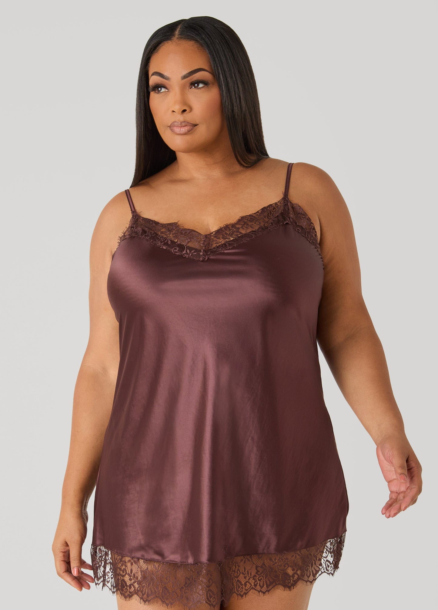 Ashley Stewart Lace Trimmed Satin Chemise Set Brown