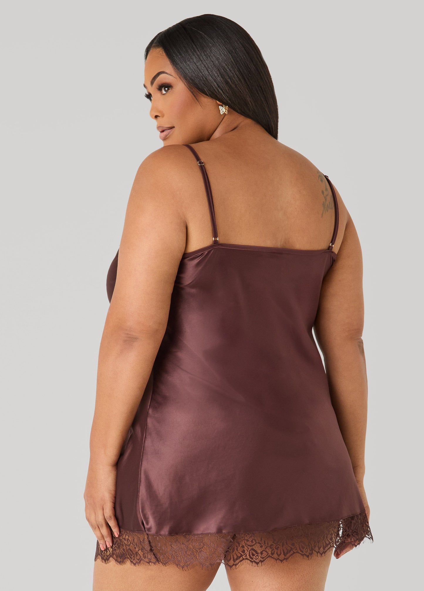 Ashley Stewart Lace Trimmed Satin Chemise Set Brown