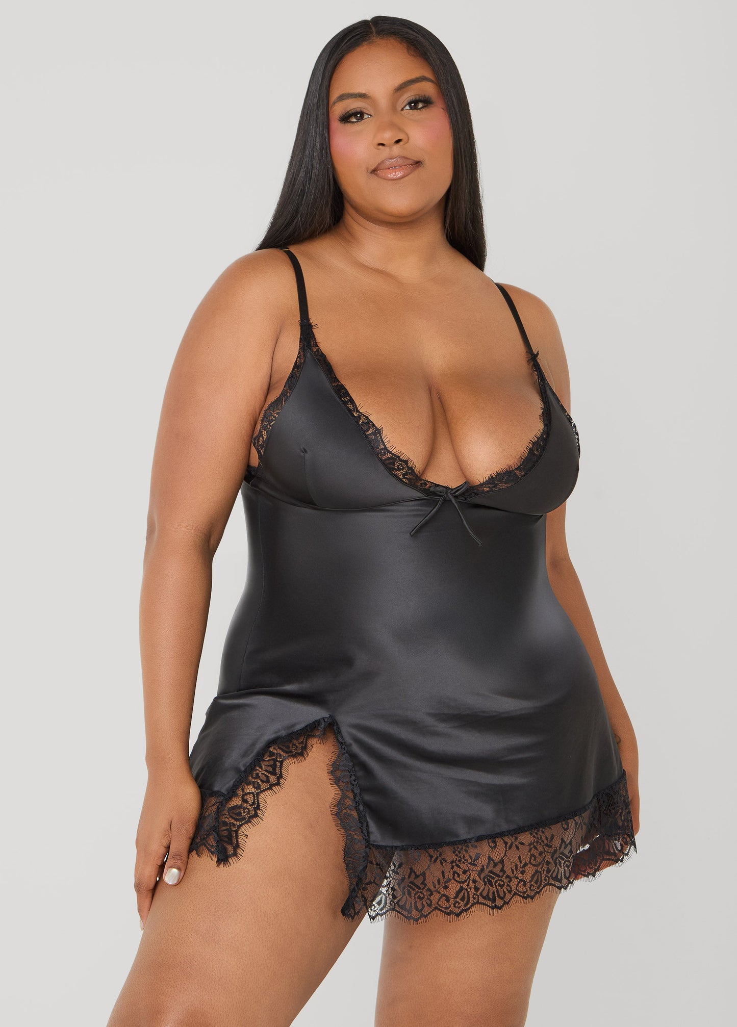 Ashley Stewart Lace Trimmed Satin Chemise Set Black
