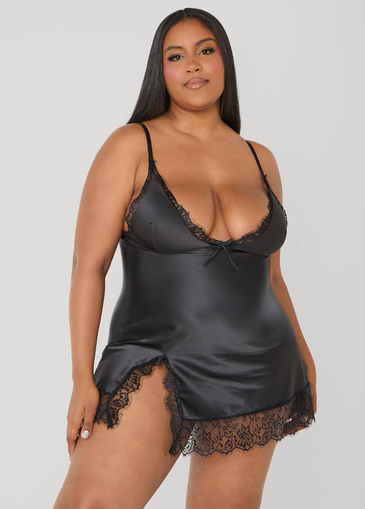 Ashley Stewart Lace Trimmed Satin Chemise Set Black