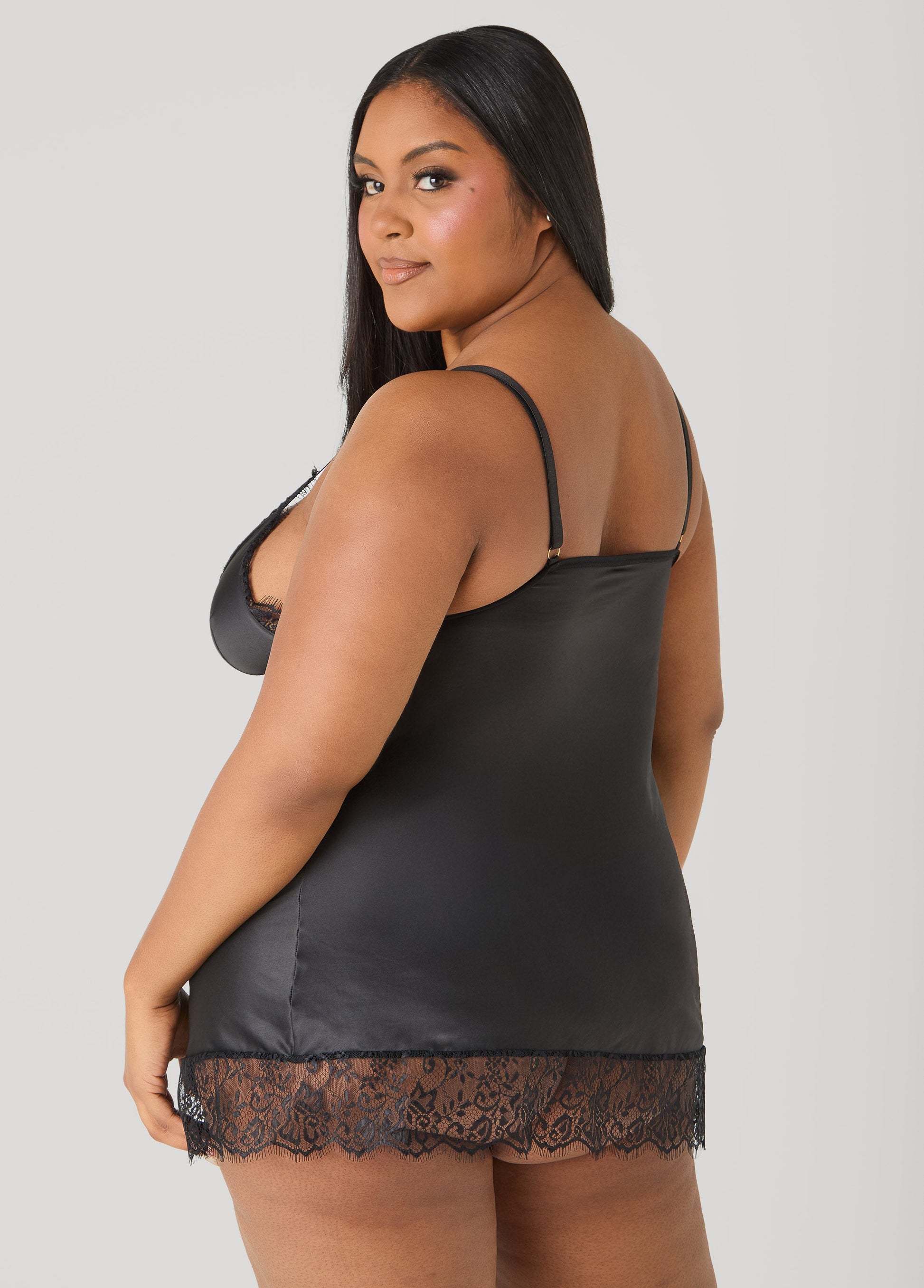 Ashley Stewart Lace Trimmed Satin Chemise Set Black