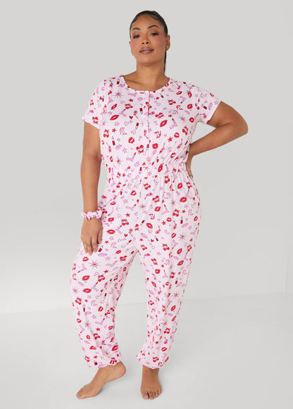 Ashley Stewart Moon To Noon Kiss Print Jumpsuit Set Pink