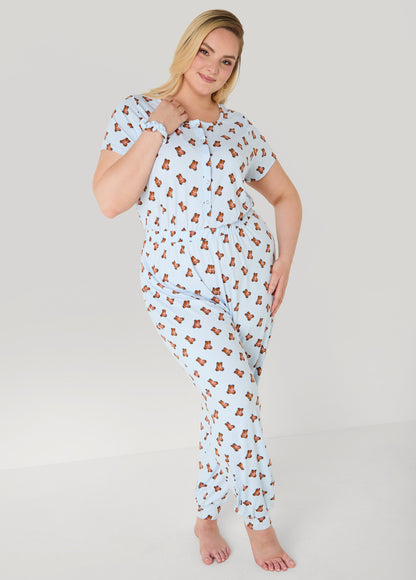 Ashley Stewart Moon To Noon Bear Print Jumpsuit Set Blue