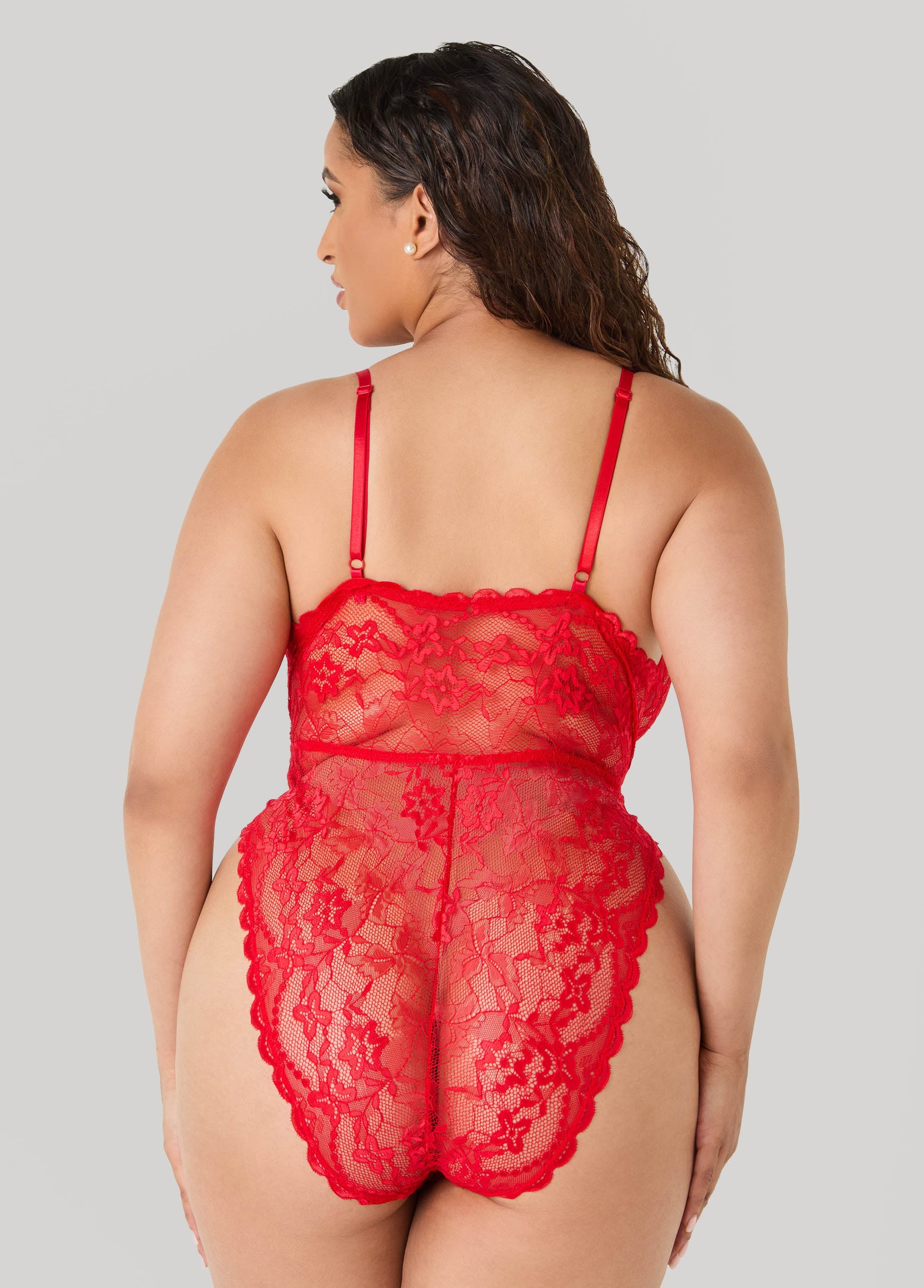 Ashley Stewart Corded Lace V Neck Bodysuit Red