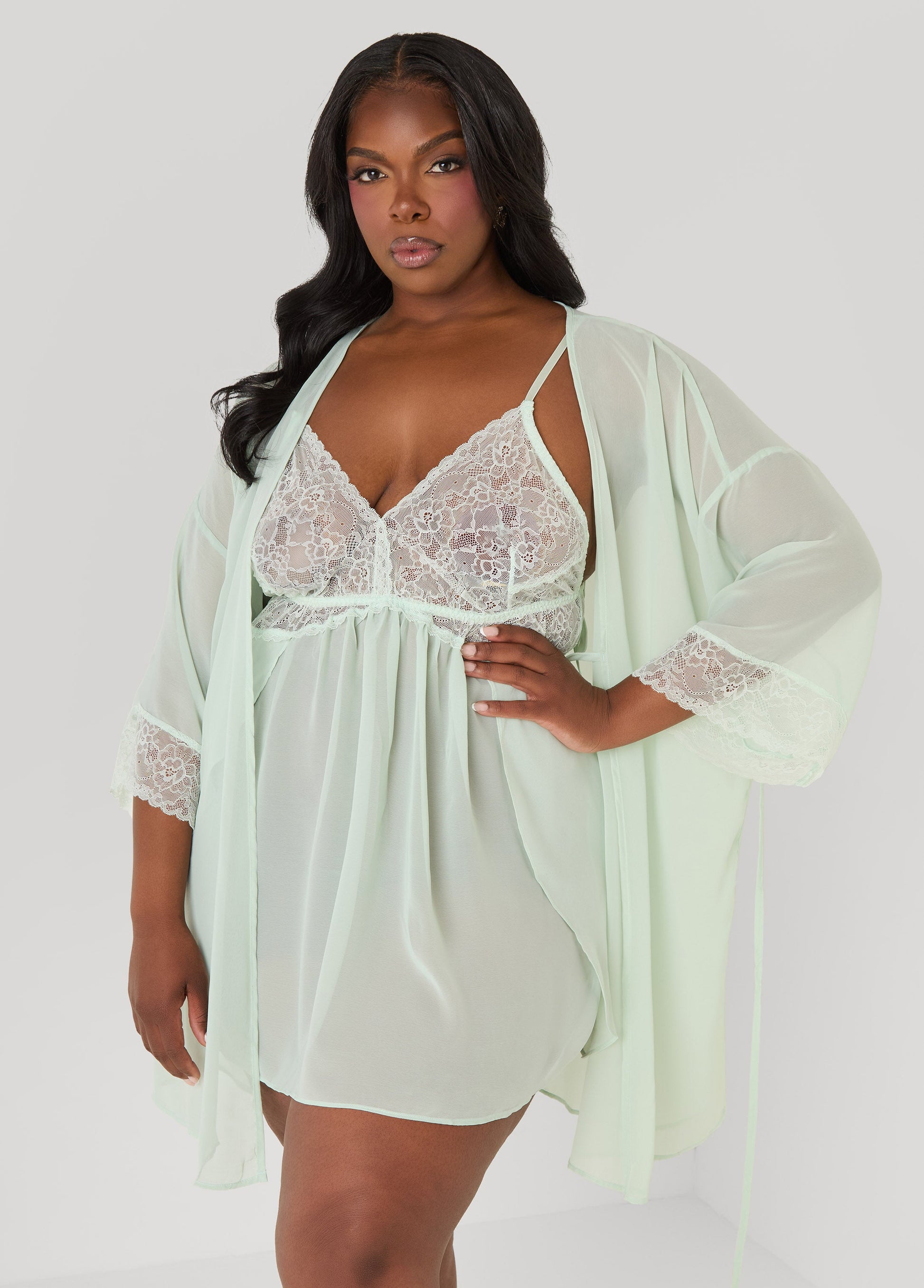 Ashley Stewart Lace Paneled Babydoll And Robe Set Green