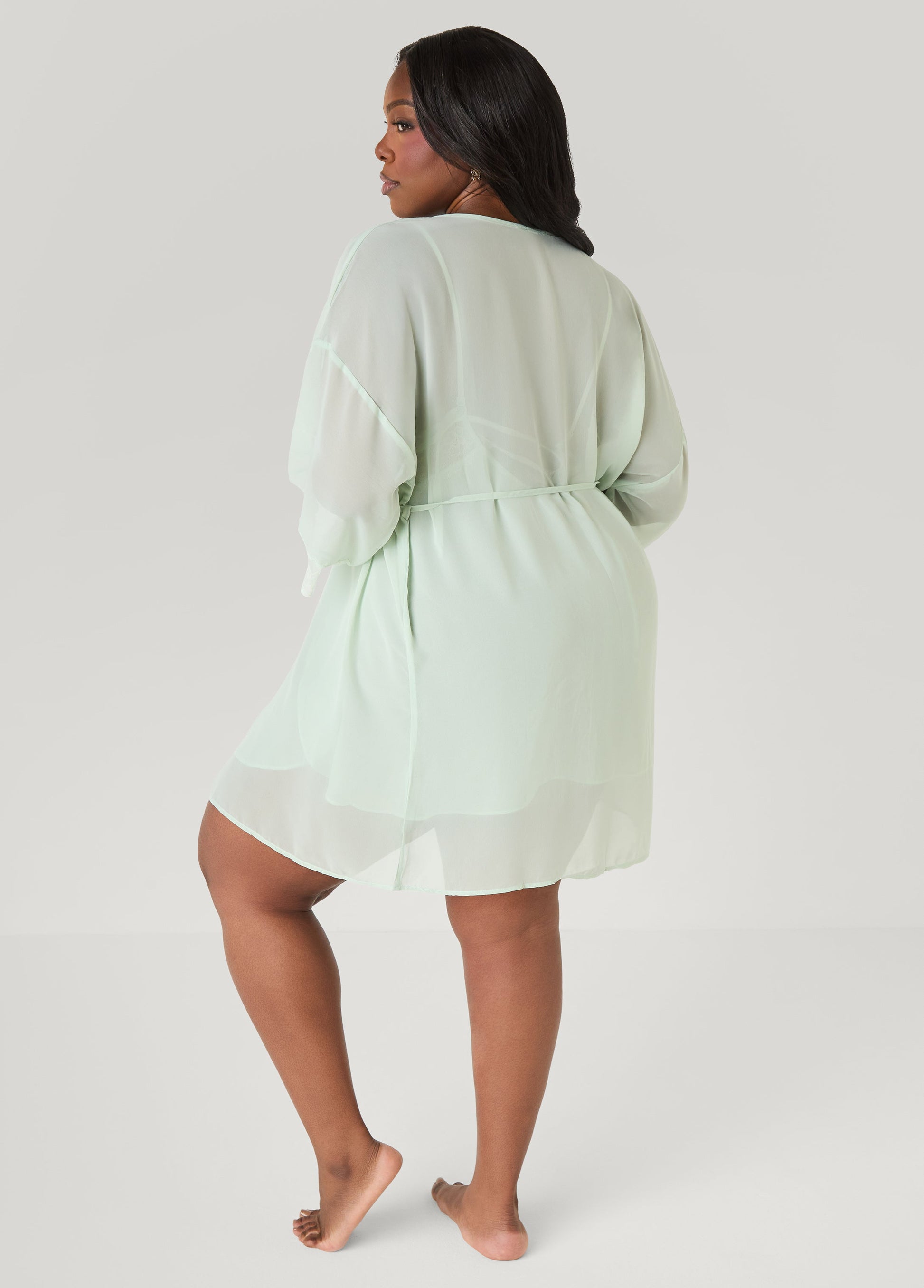 Ashley Stewart Lace Paneled Babydoll And Robe Set Green
