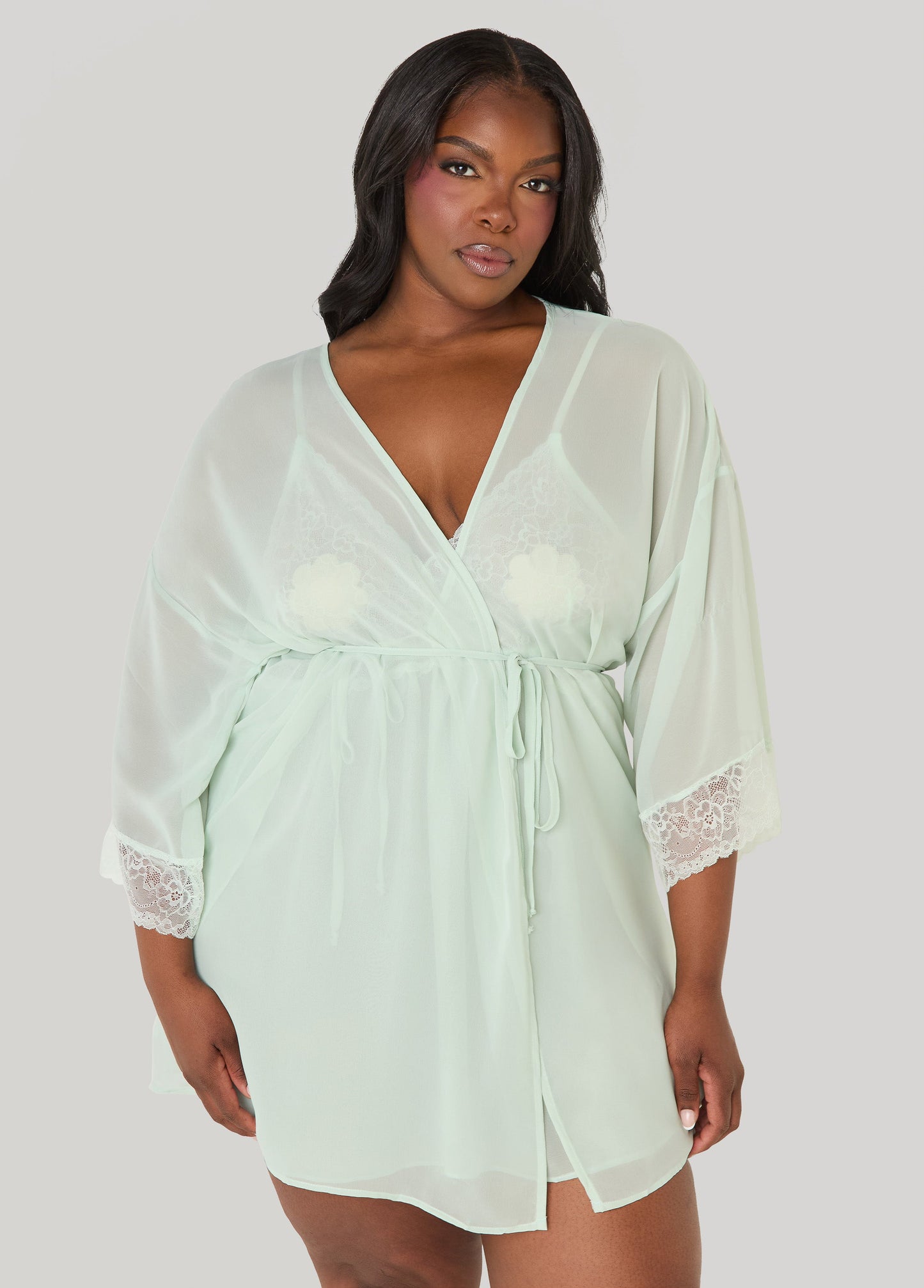 Ashley Stewart Lace Paneled Babydoll And Robe Set Green