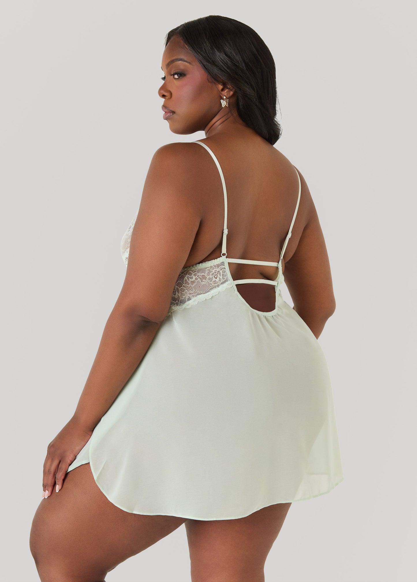 Ashley Stewart Lace Paneled Babydoll And Robe Set Green