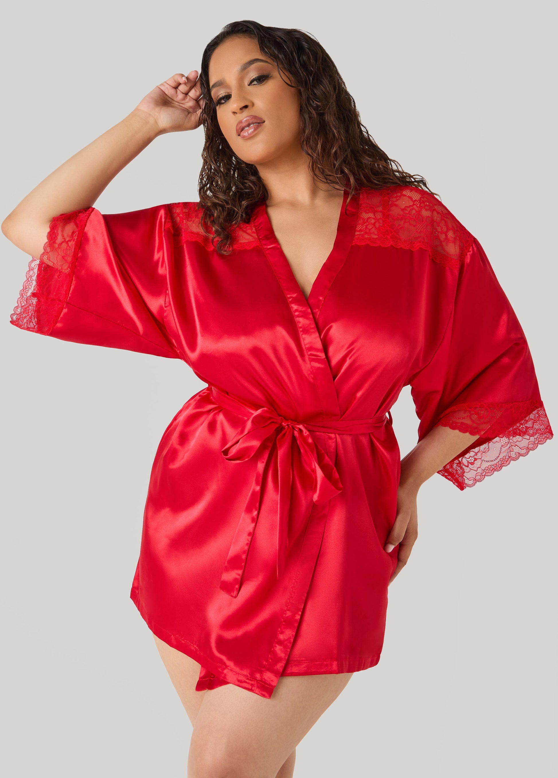 Ashley Stewart Lace Paneled Satin Robe Red