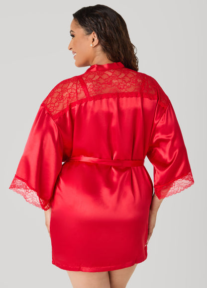 Ashley Stewart Lace Paneled Satin Robe Red