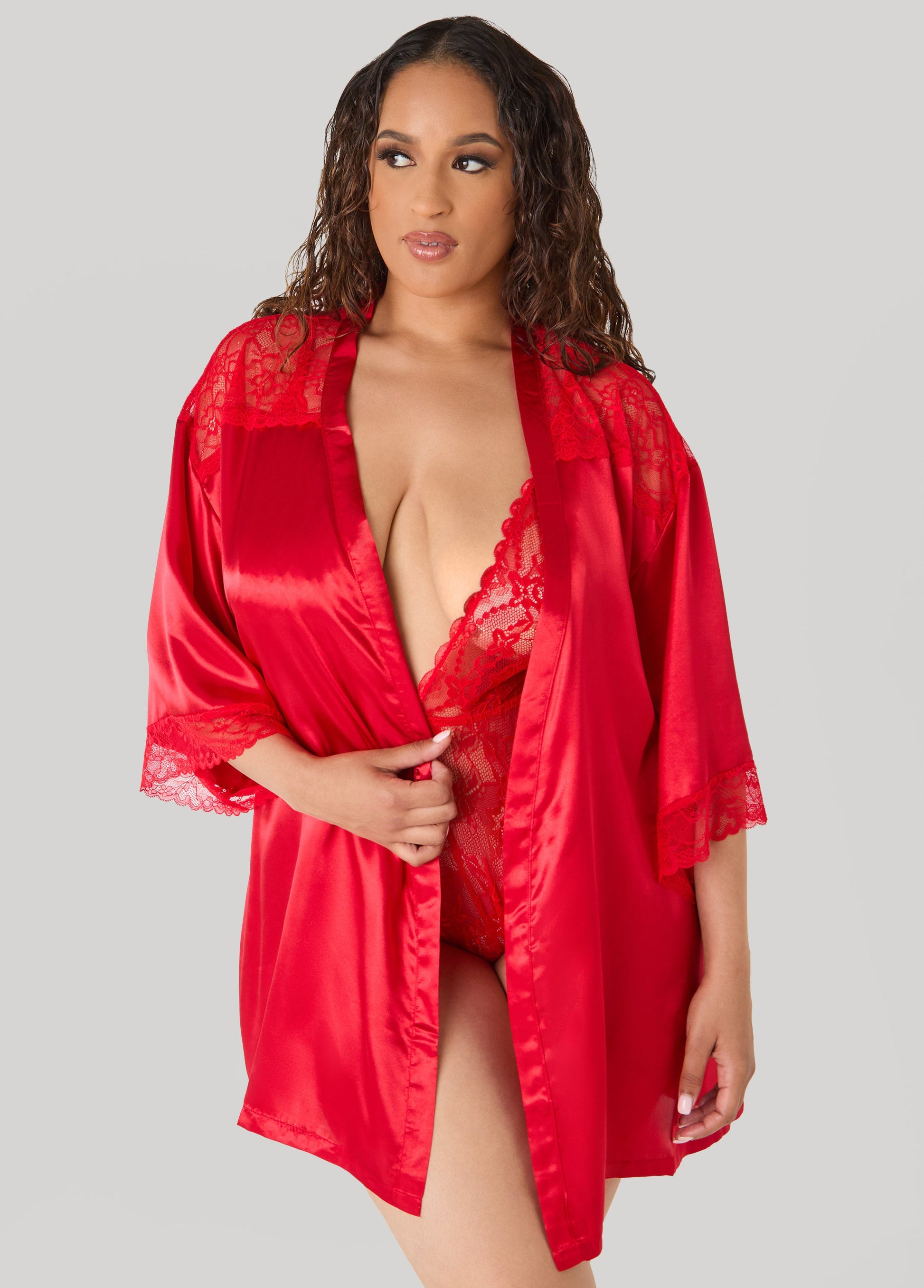Ashley Stewart Lace Paneled Satin Robe Red