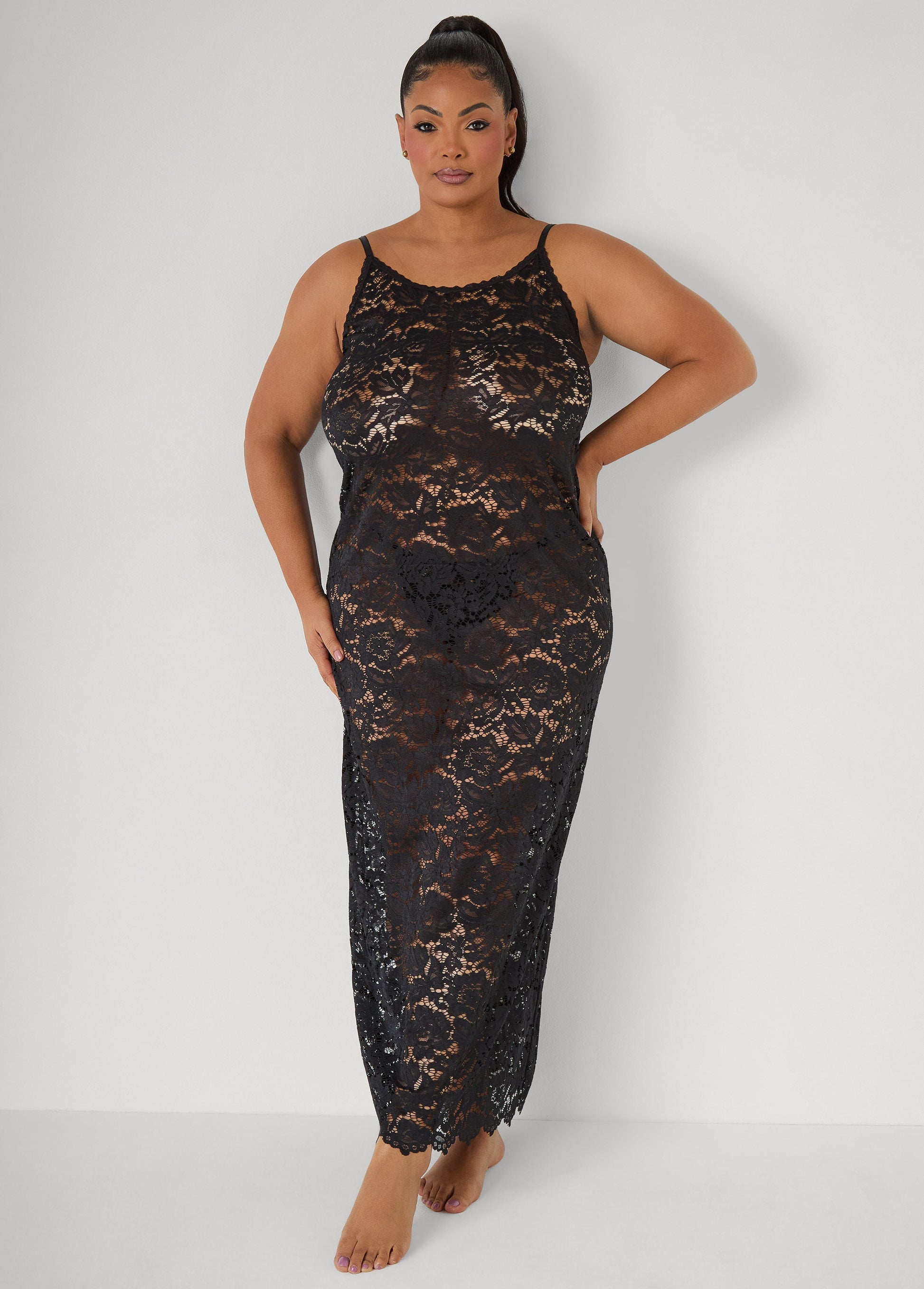 Ashley Stewart Floral Lace Lingerie Gown Black