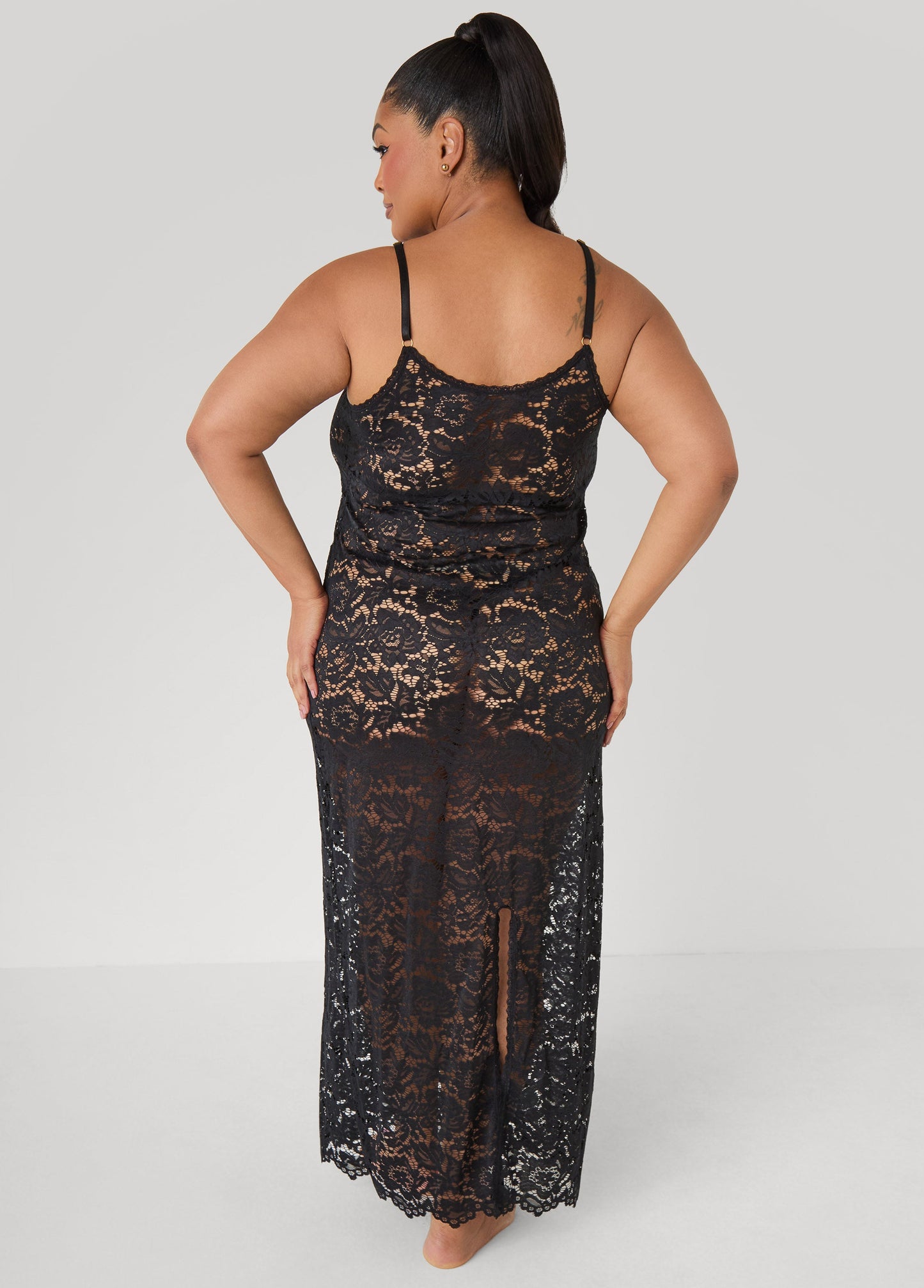 Ashley Stewart Floral Lace Lingerie Gown Black