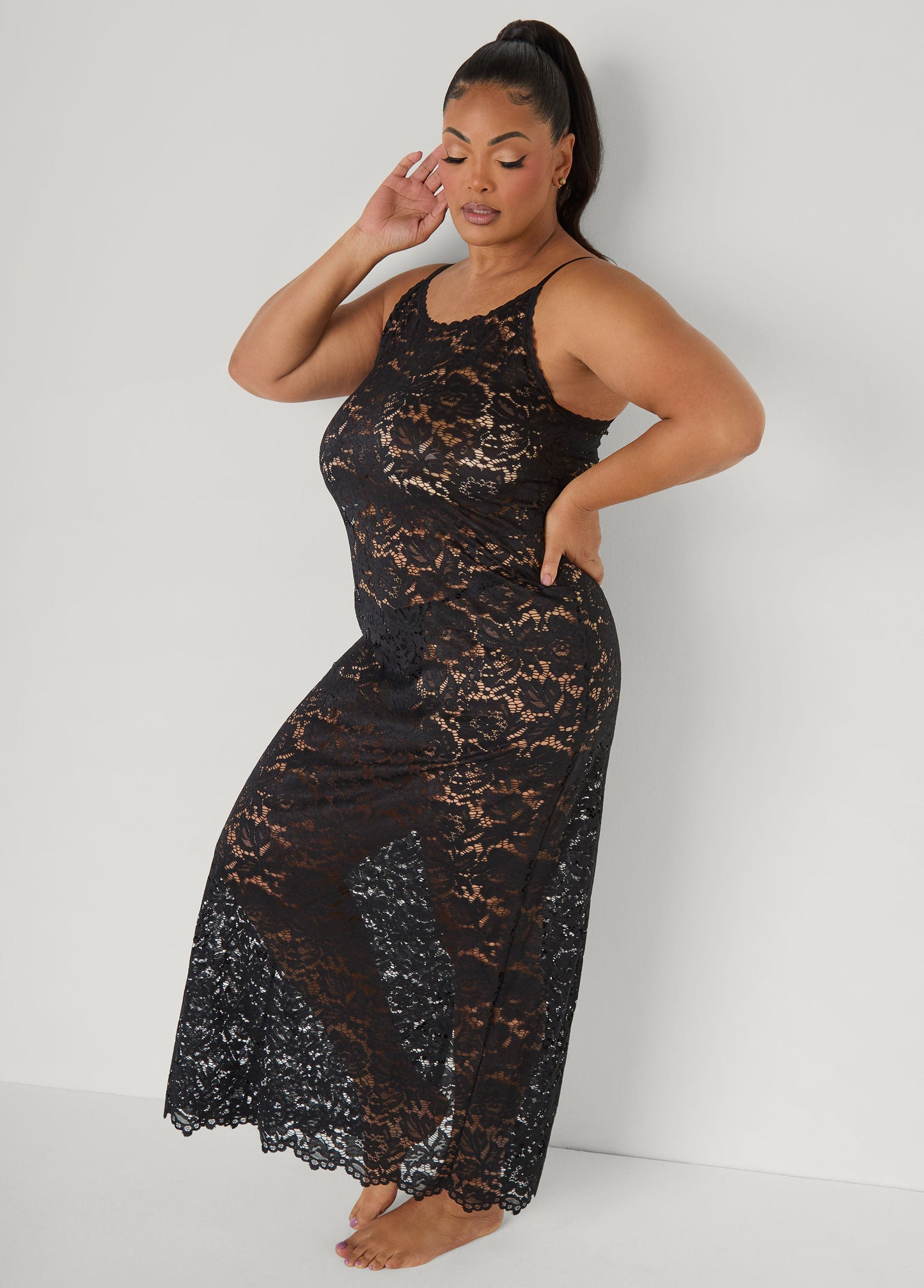 Ashley Stewart Floral Lace Lingerie Gown Black