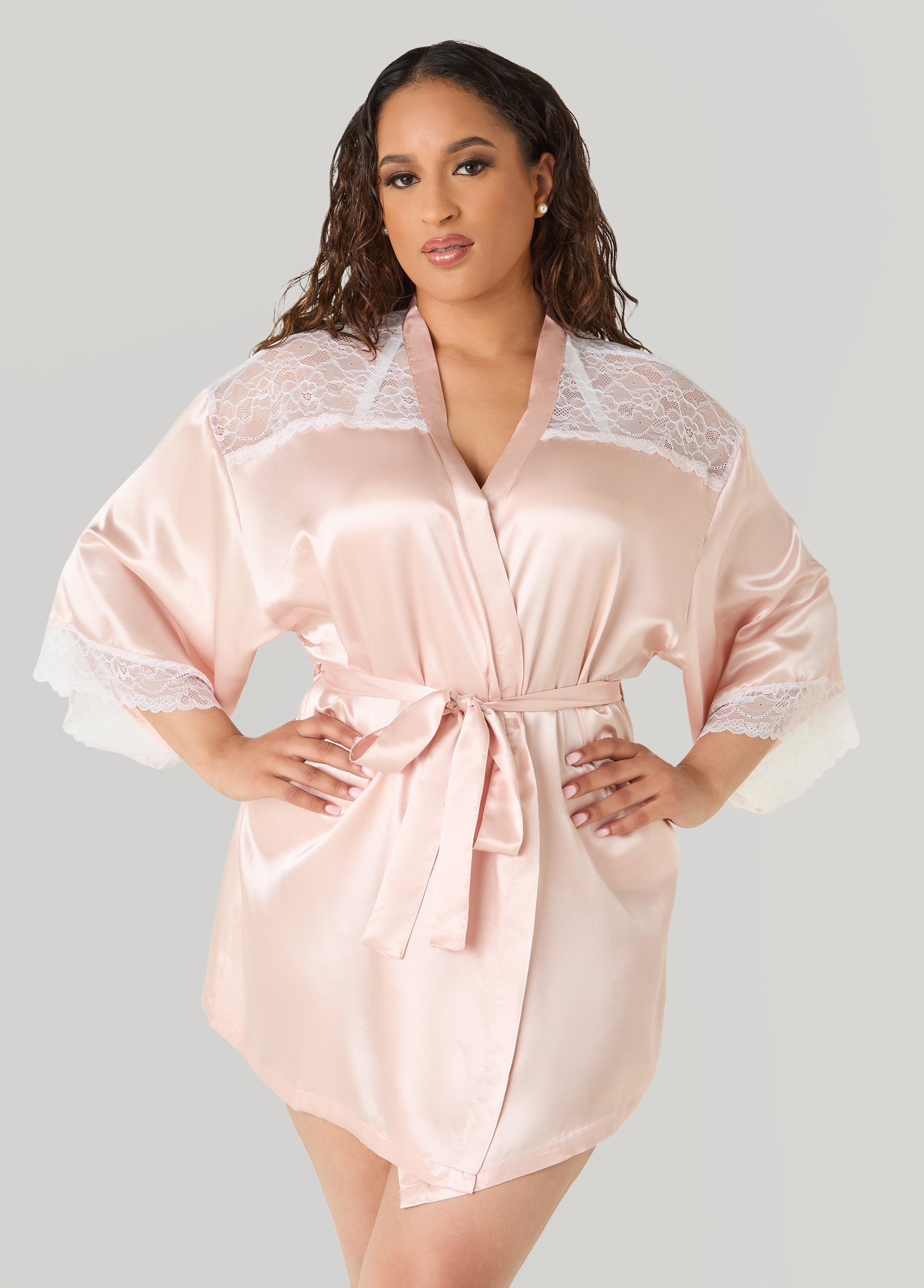Ashley Stewart Two Tone Lace Paneled Satin Robe Rose