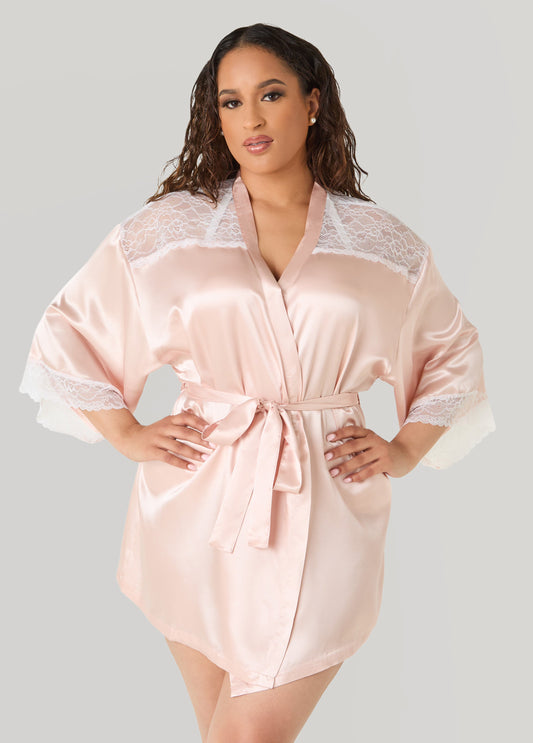 Ashley Stewart Two Tone Lace Paneled Satin Robe Rose