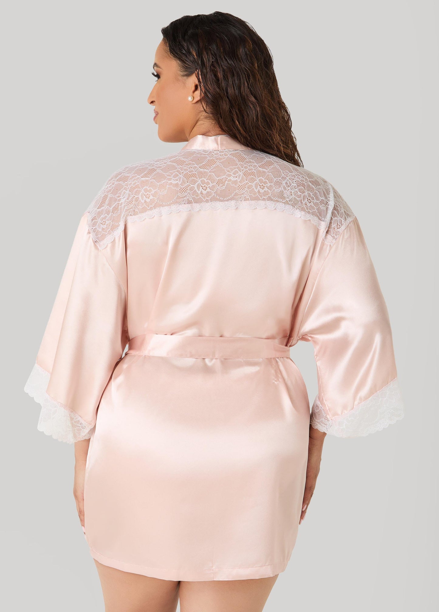 Ashley Stewart Two Tone Lace Paneled Satin Robe Rose