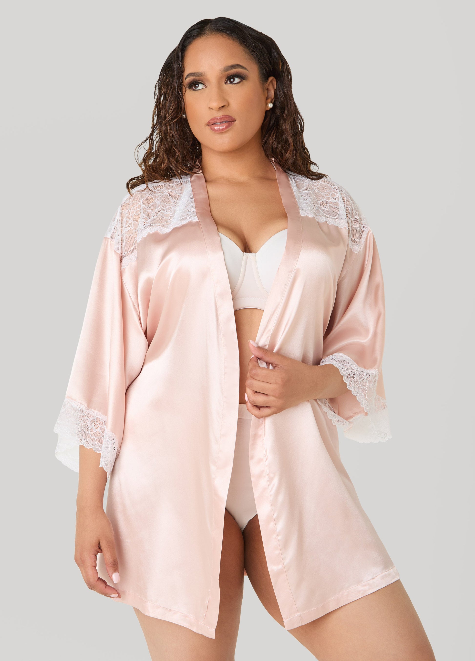 Ashley Stewart Two Tone Lace Paneled Satin Robe Rose