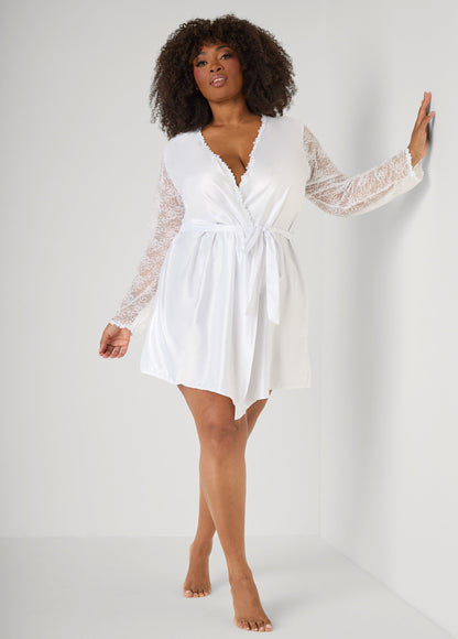 Ashley Stewart Lace And Satin Robe White