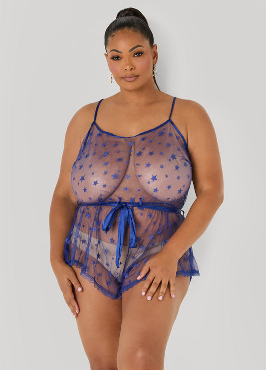 Ashley Stewart Star Mesh Lingerie Romper Navy