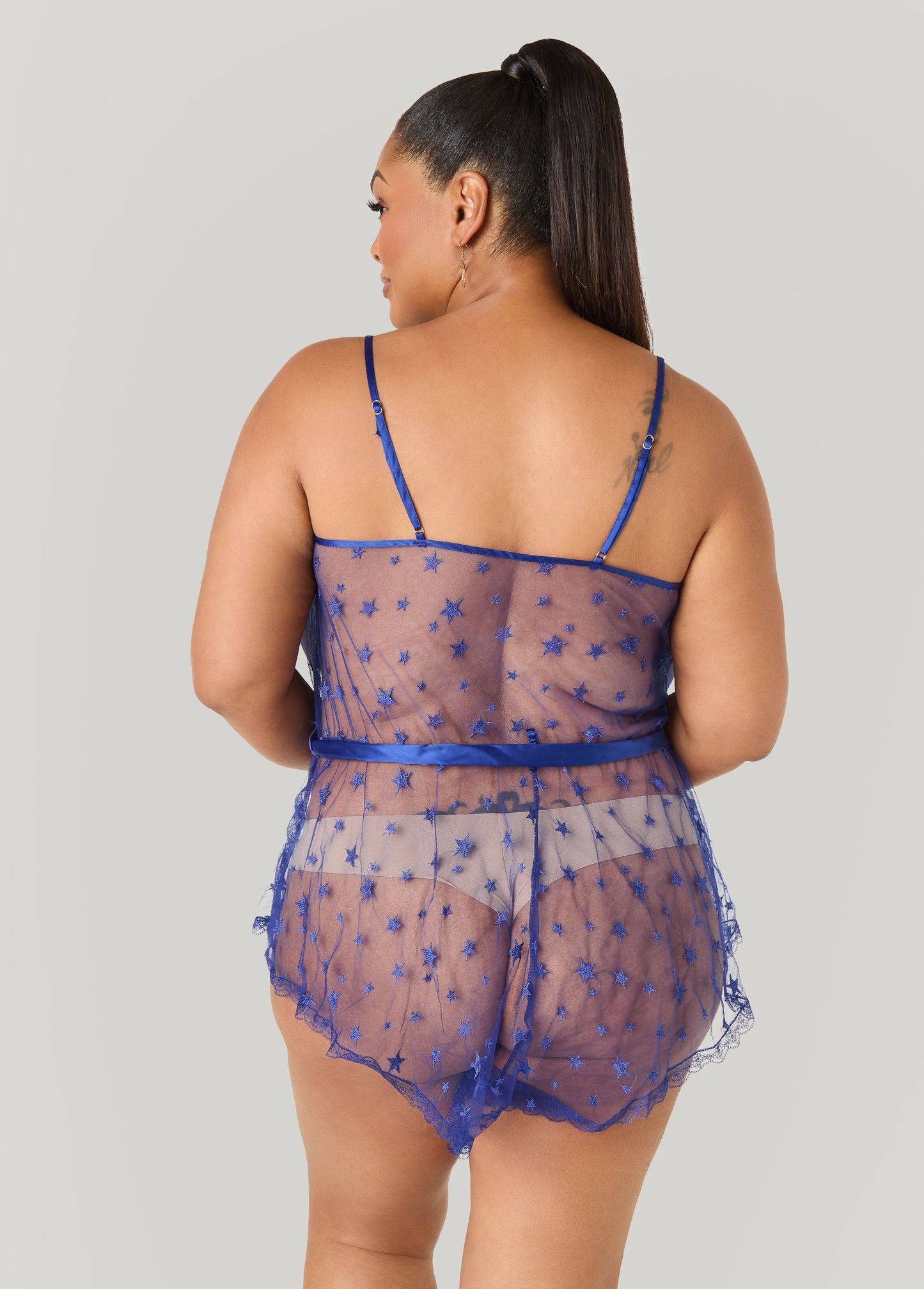Ashley Stewart Star Mesh Lingerie Romper Navy
