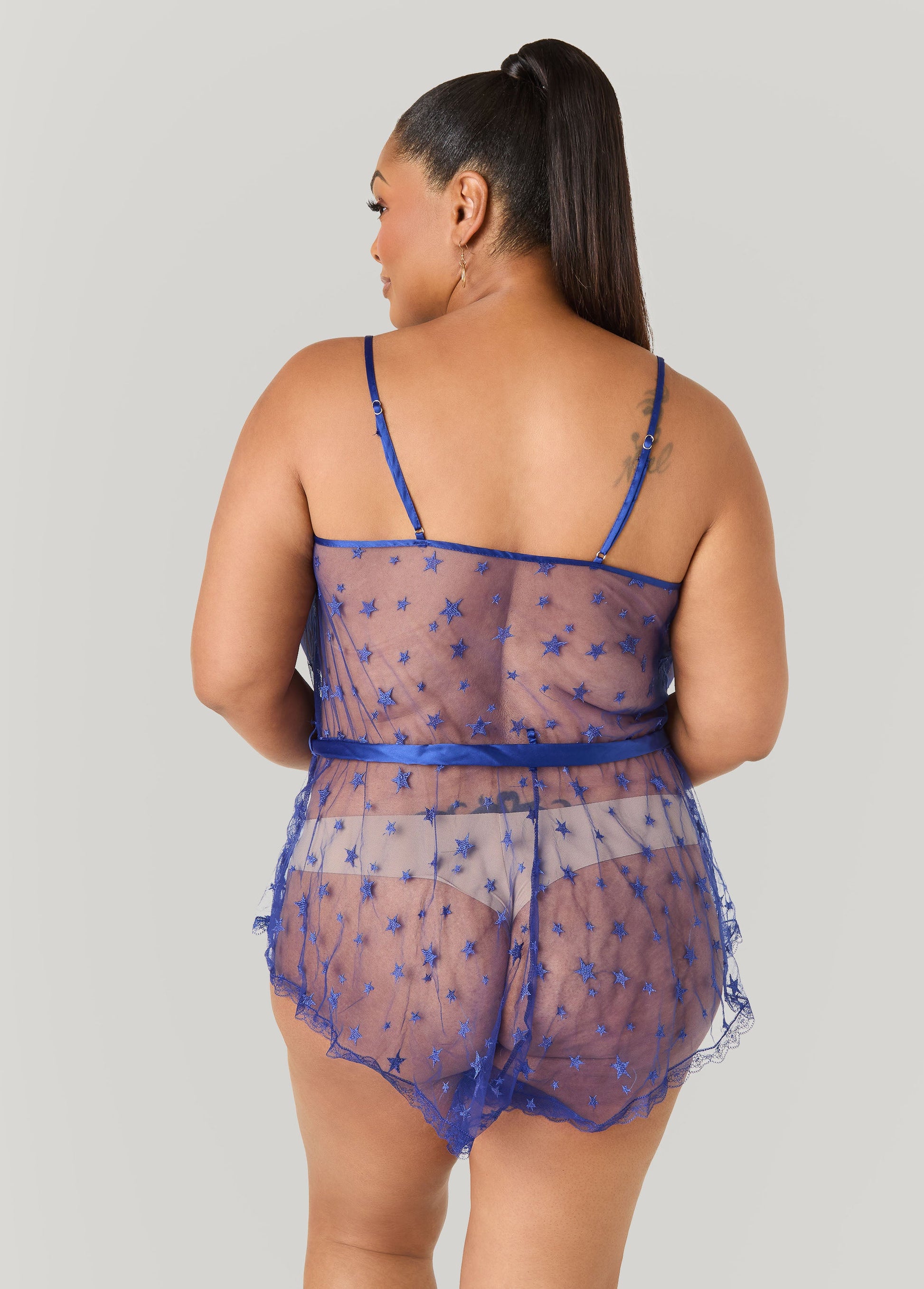 Ashley Stewart Star Mesh Lingerie Romper Navy