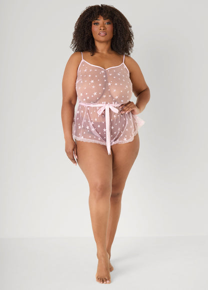 Ashley Stewart Star Mesh Lingerie Romper Navy