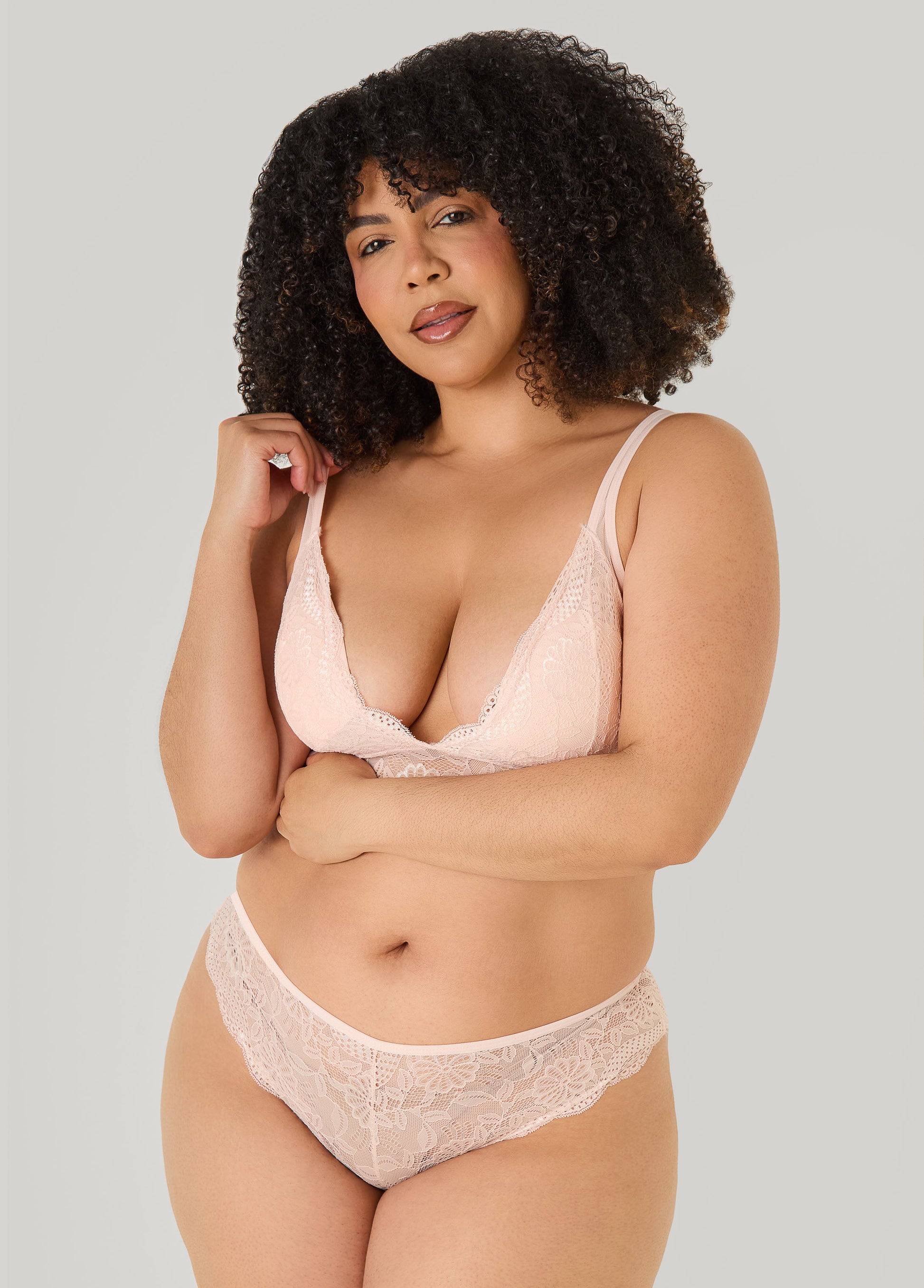 Ashley Stewart Lace Bralette Lingerie Set Beige