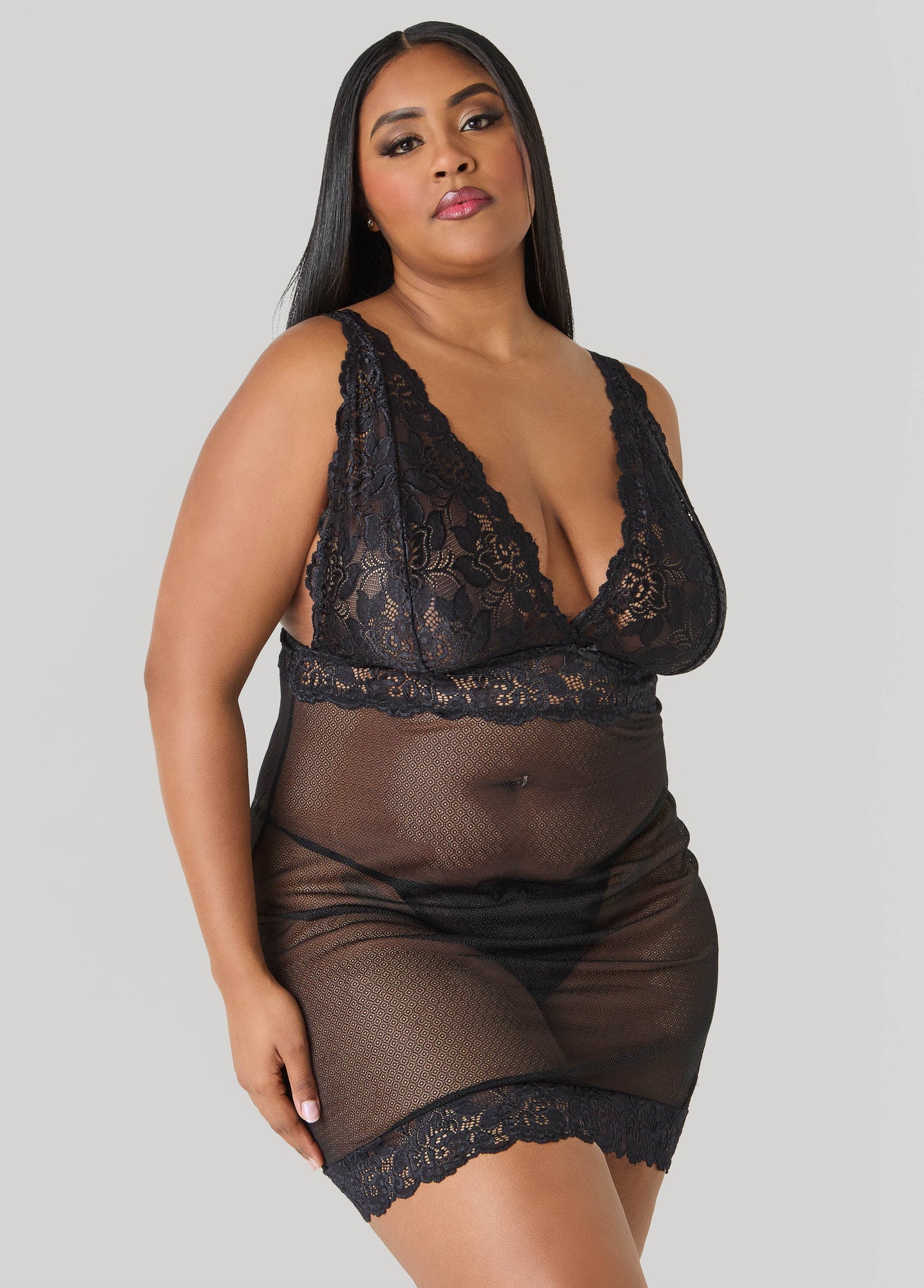 Ashley Stewart Lace Paneled Chemise Set Black