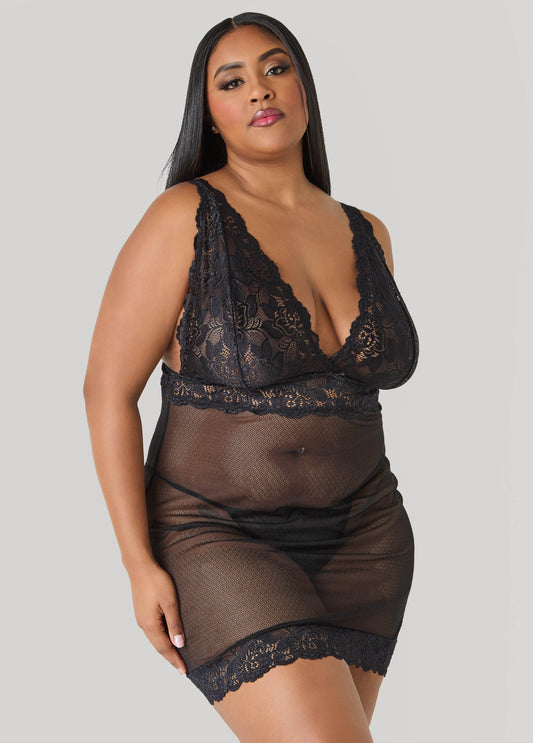 Ashley Stewart Lace Paneled Chemise Set Black