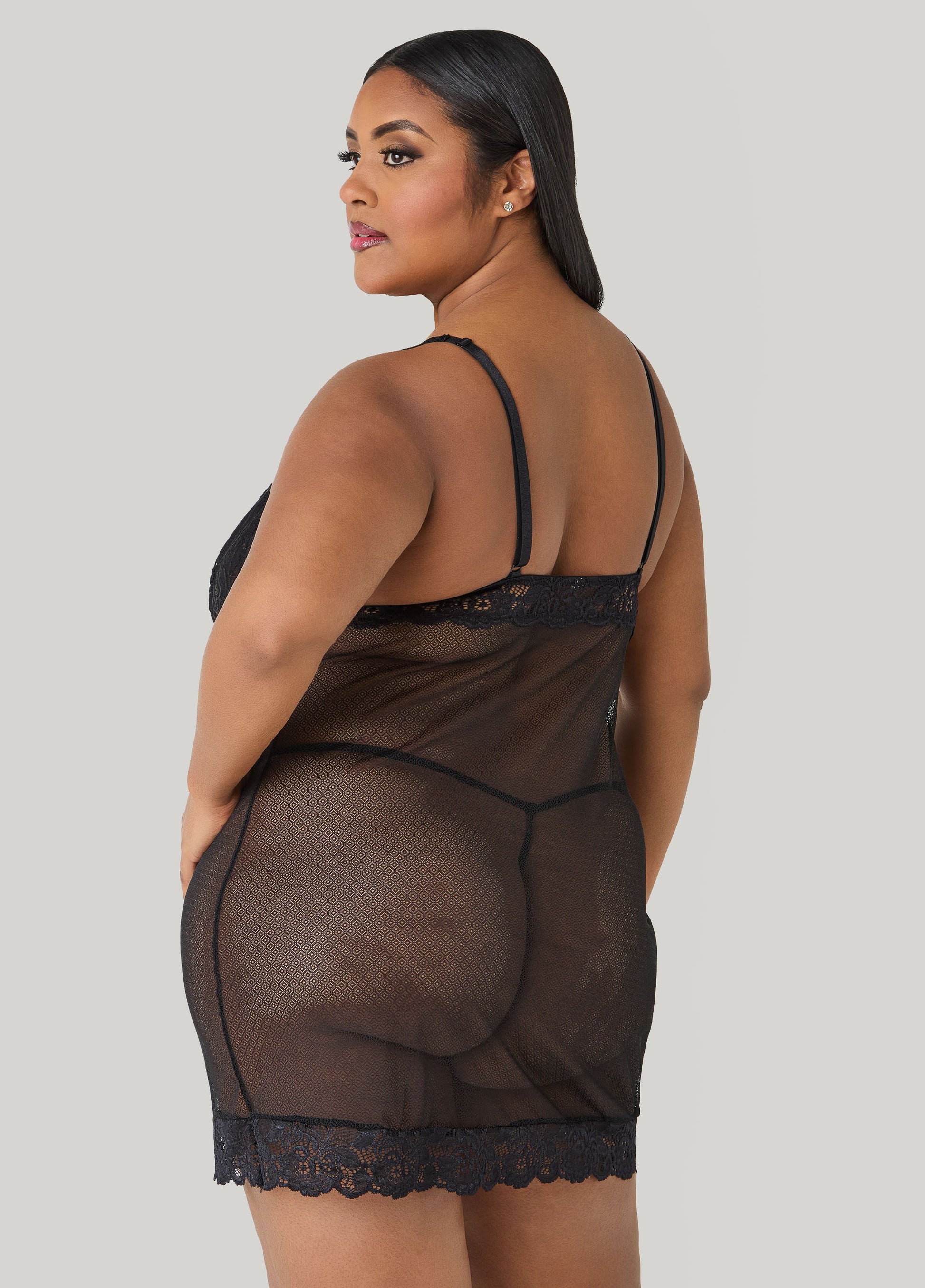 Ashley Stewart Lace Paneled Chemise Set Black