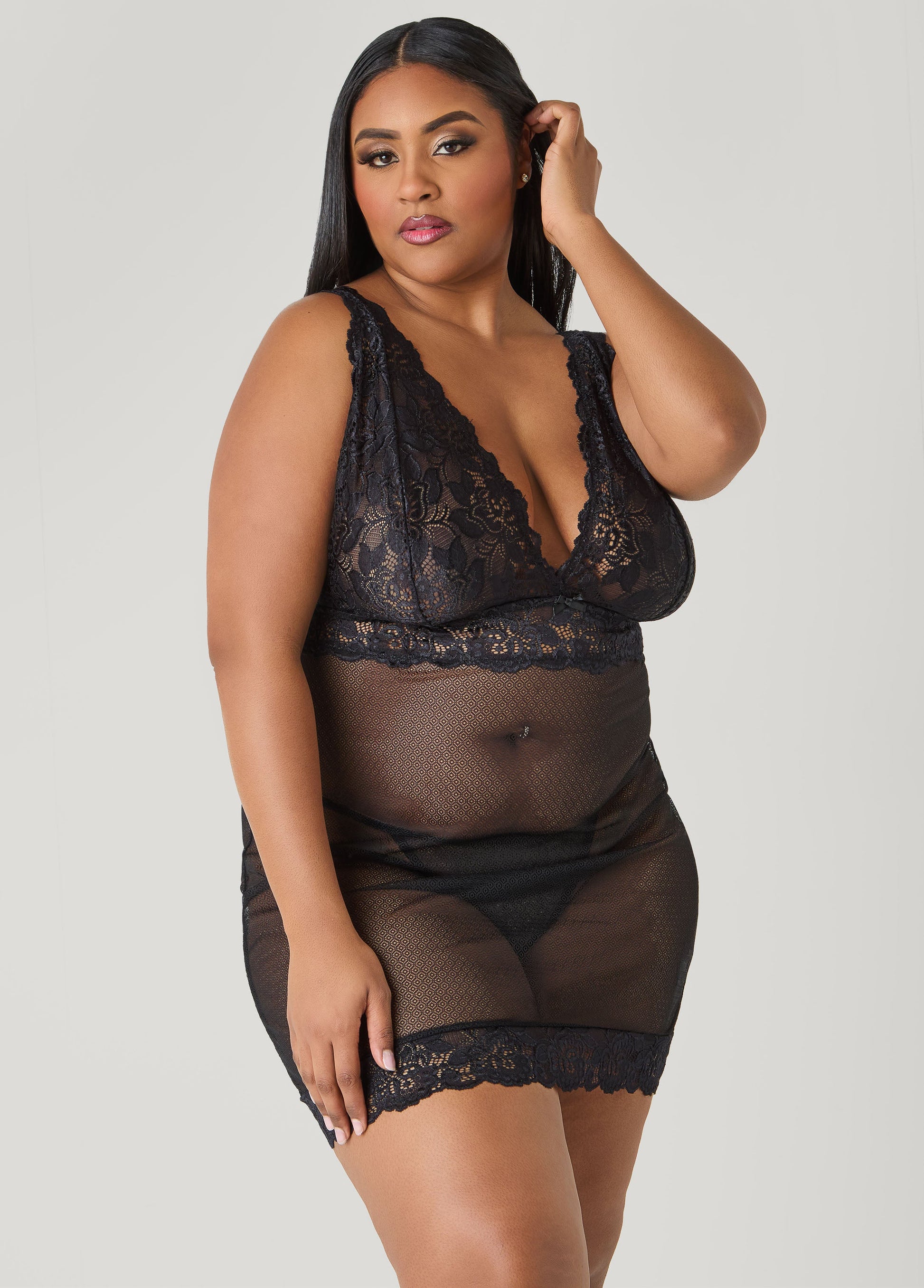 Ashley Stewart Lace Paneled Chemise Set Black