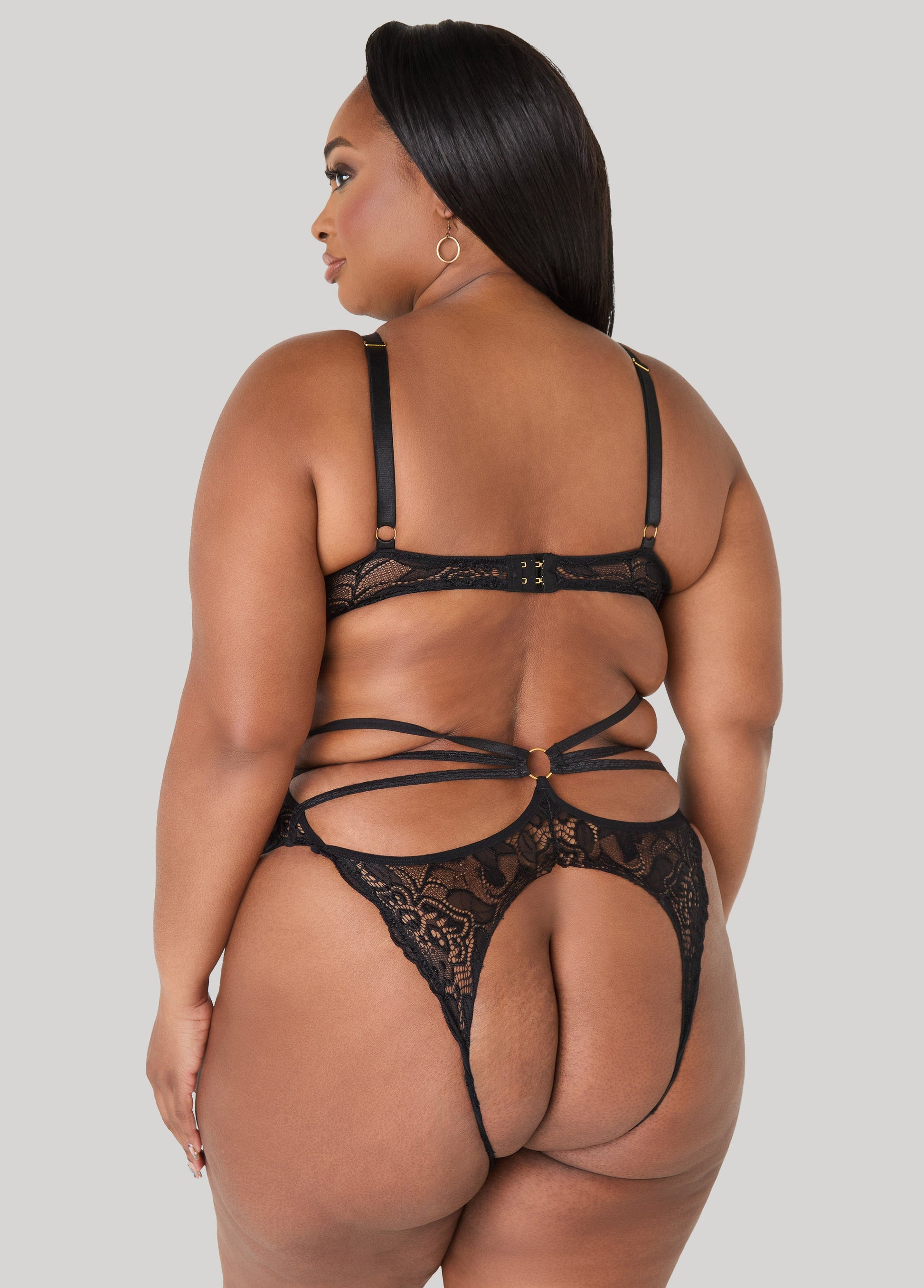 Ashley Stewart Caged Crotchless Lace Bodysuit Black
